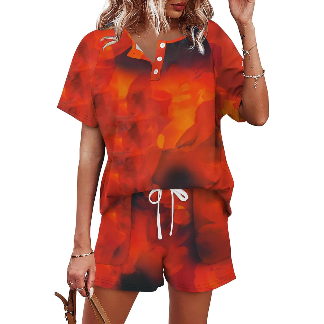Two Piece Lounge Set with Button Down Top And Shorts