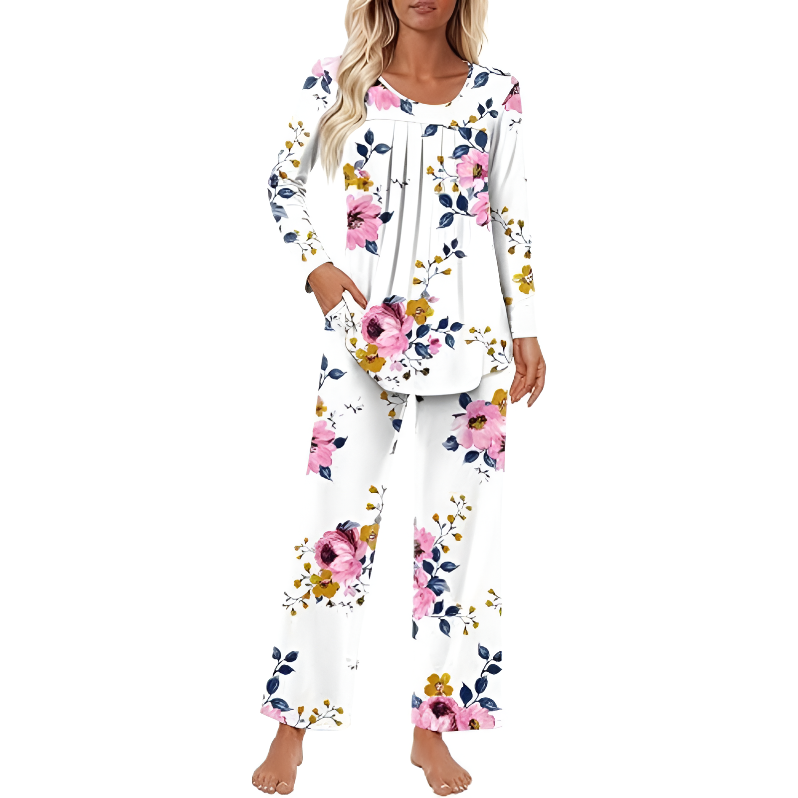 Long Sleeve Top And Loose Pants Two Piece Matching Pajama Set For Women