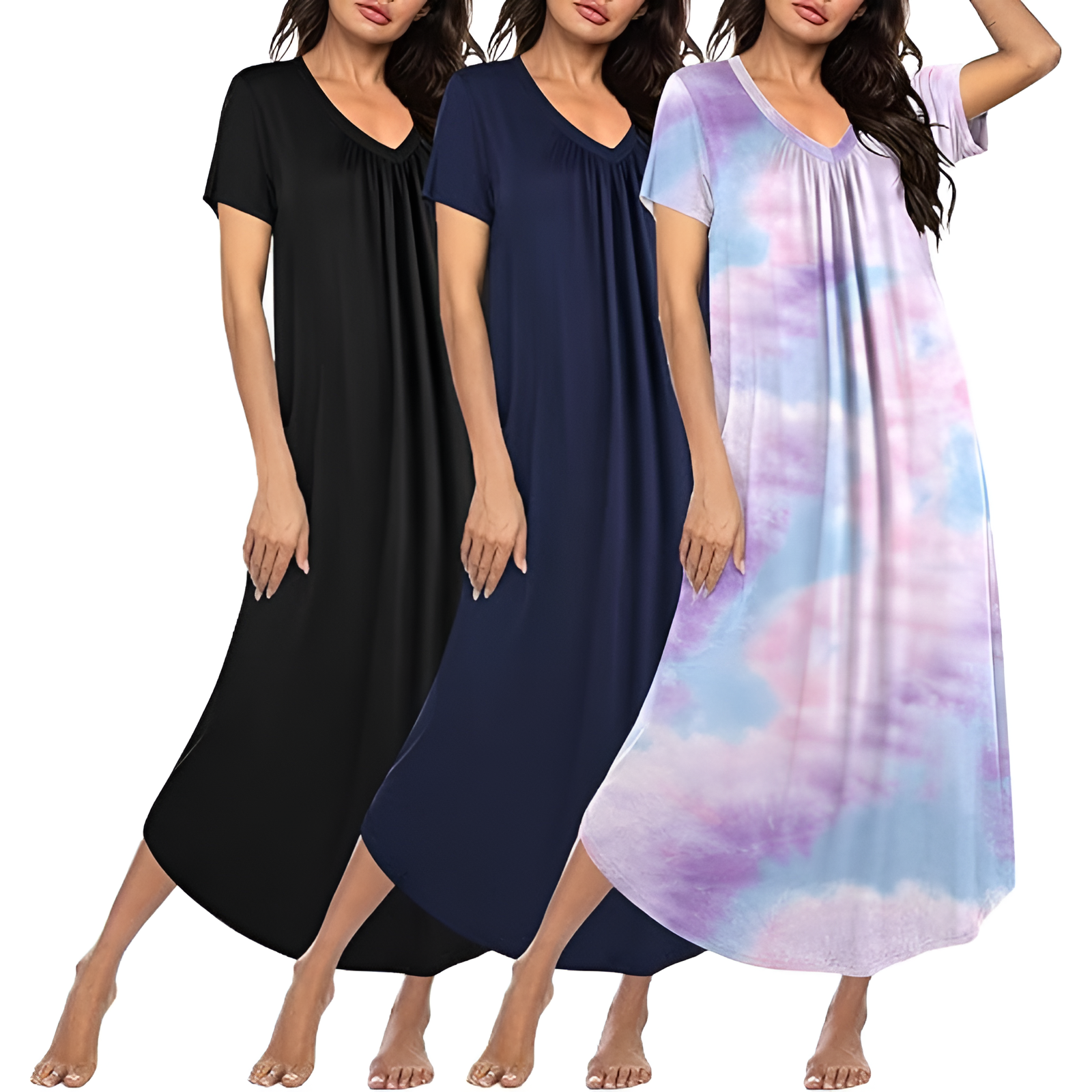 Pack Of 3 Long Nightgowns For Women With Short Sleeves