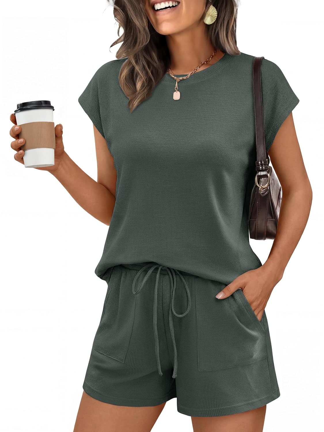 2 Piece Of Cap Sleeve Top and Shorts Waffle Knit Lounge Set For Women