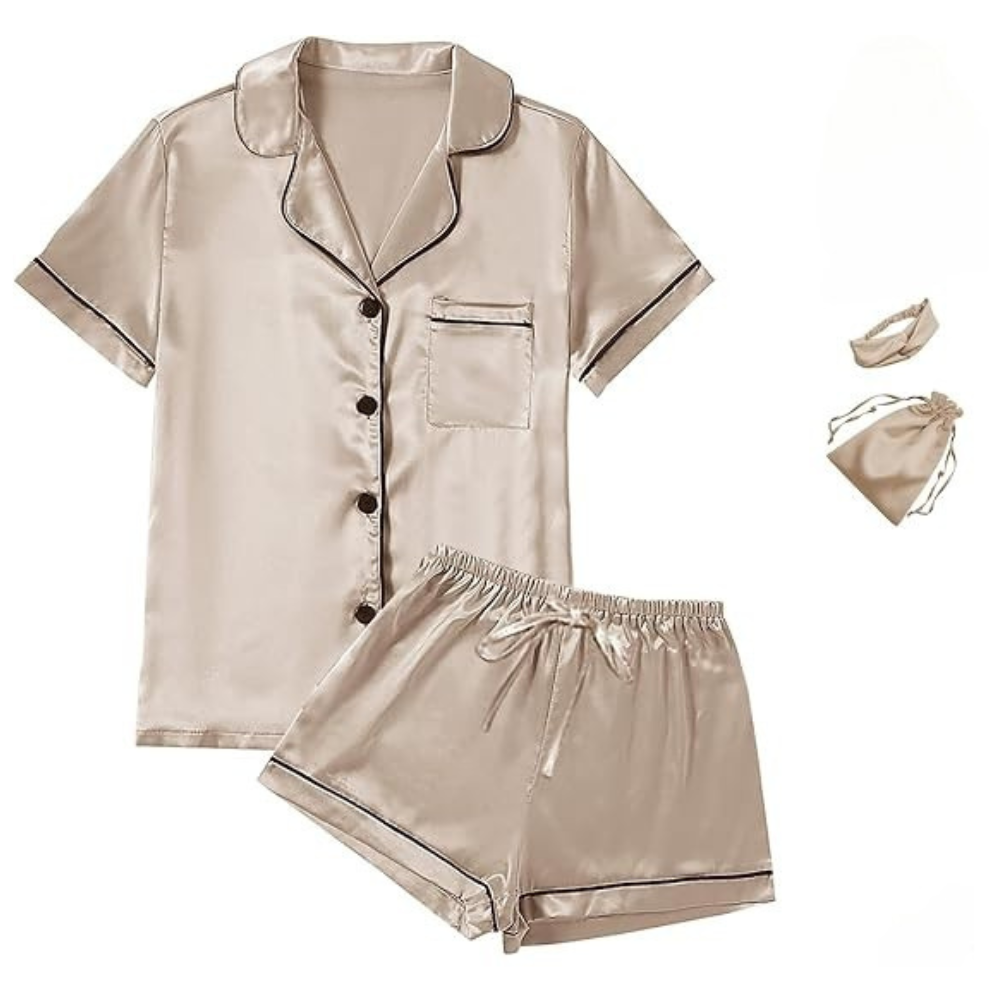 4Pcs Womens Satin Silky Short Sleeve Shirt Pajamas Set