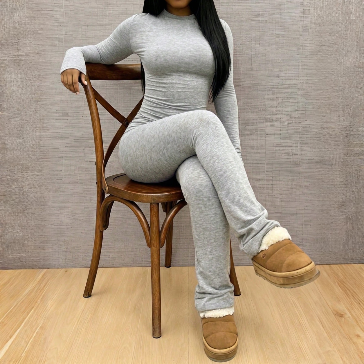 Long Sleeve T Shirt and Flare Pants Two Piece Casual Set for Women