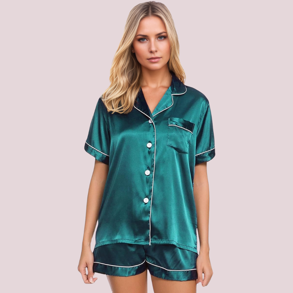 Women Satin Pajama Set Short Sleeve Top and Shorts