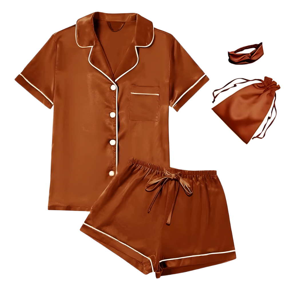  4 Pieces Women Satin Floral Pajama Set Short Sleeve Sleepwear