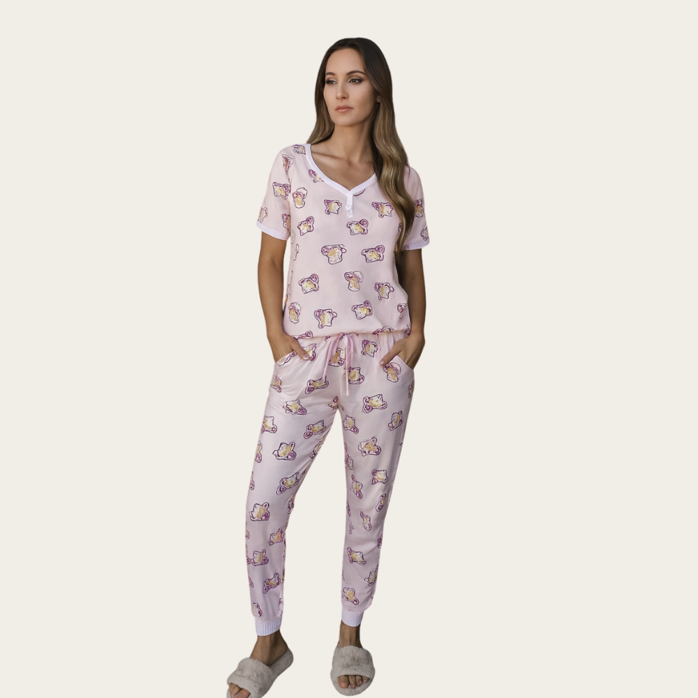 Women 2 Piece Pajama Set With Short Sleeve Lounge Top And Jogger Pants