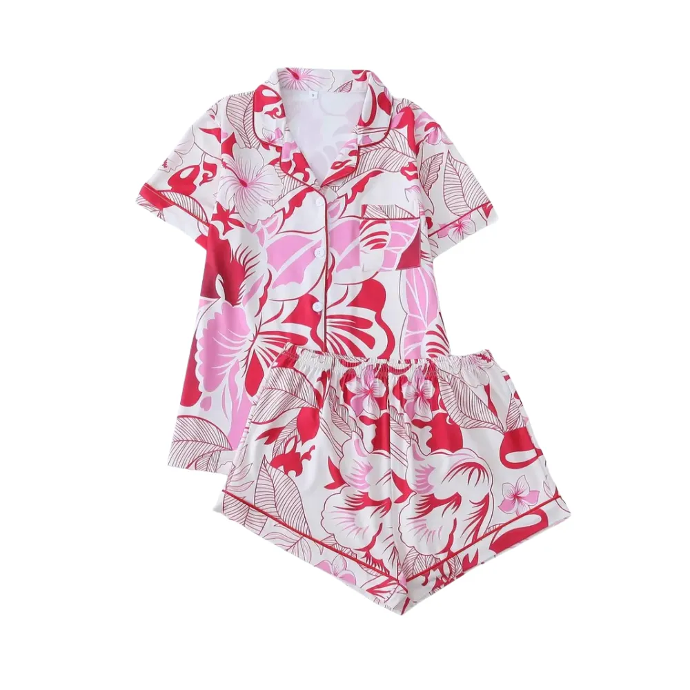 Printed Button Front Shirt And Shorts Pajama Lounge Set For Women