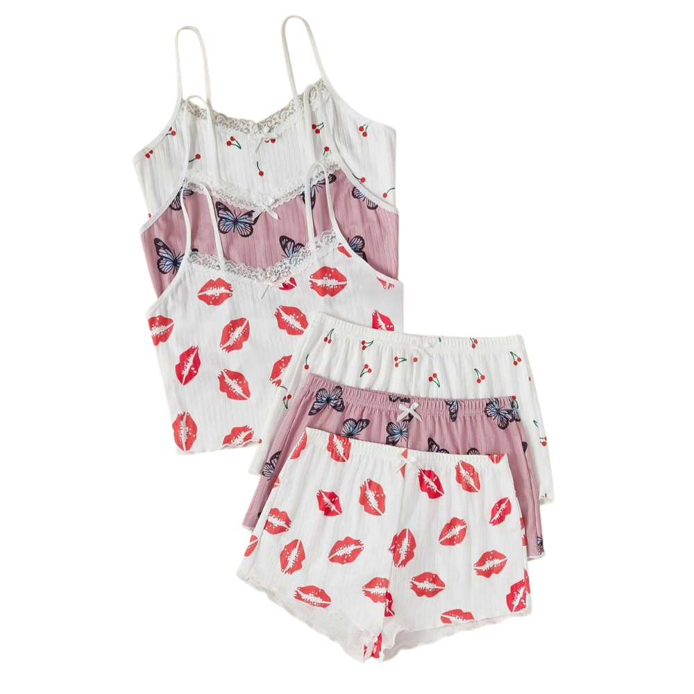 2 Piece Pajama Set With Sleeveless Cami Top And Trim Shorts For Women