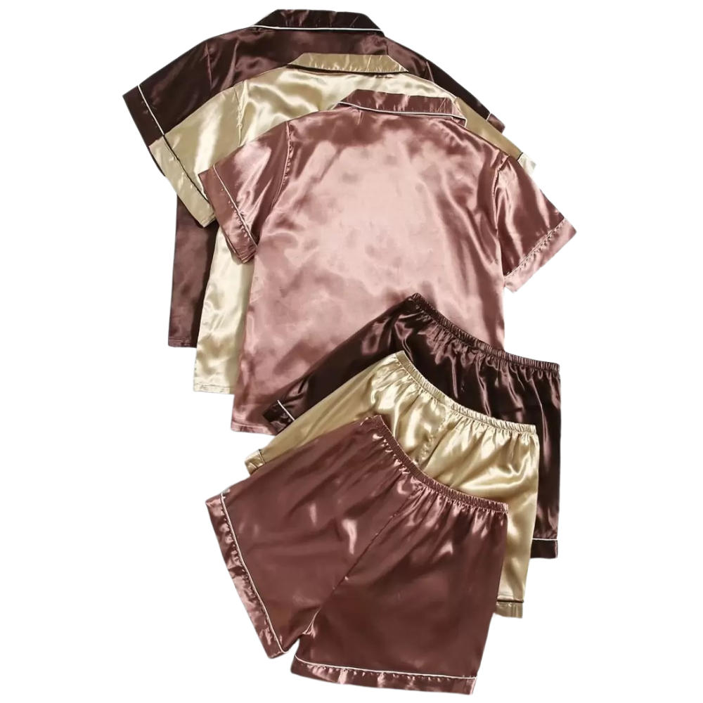 Pack Of 3 Contrast Piping Blouse And Shorts Set For Women 