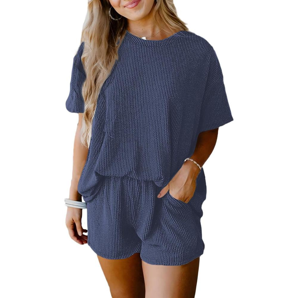 Ribbed Lounge Set Short Sleeve Top And Shorts with Pockets