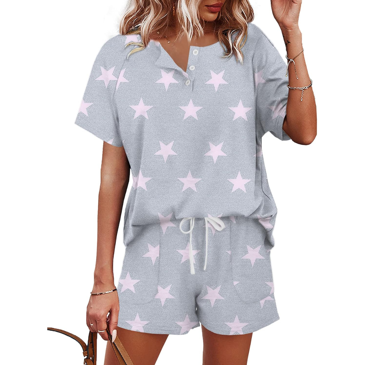 Two Piece Lounge Set with Button Down Top And Shorts