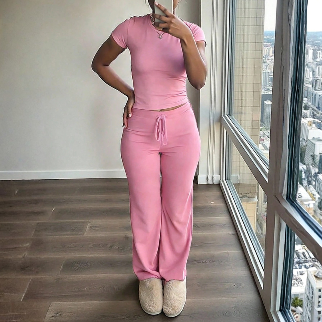 Fitted Short Sleeve T Shirt and Pants 2 Piece Casual Set for Women