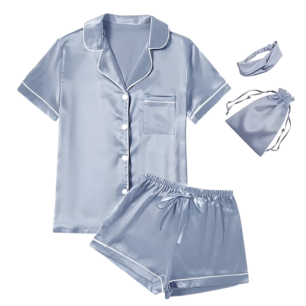  4 Pieces Women Satin Floral Pajama Set Short Sleeve Sleepwear