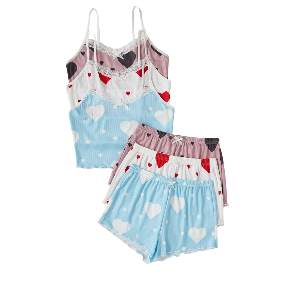 2 Piece Pajama Set With Sleeveless Cami Top And Trim Shorts For Women
