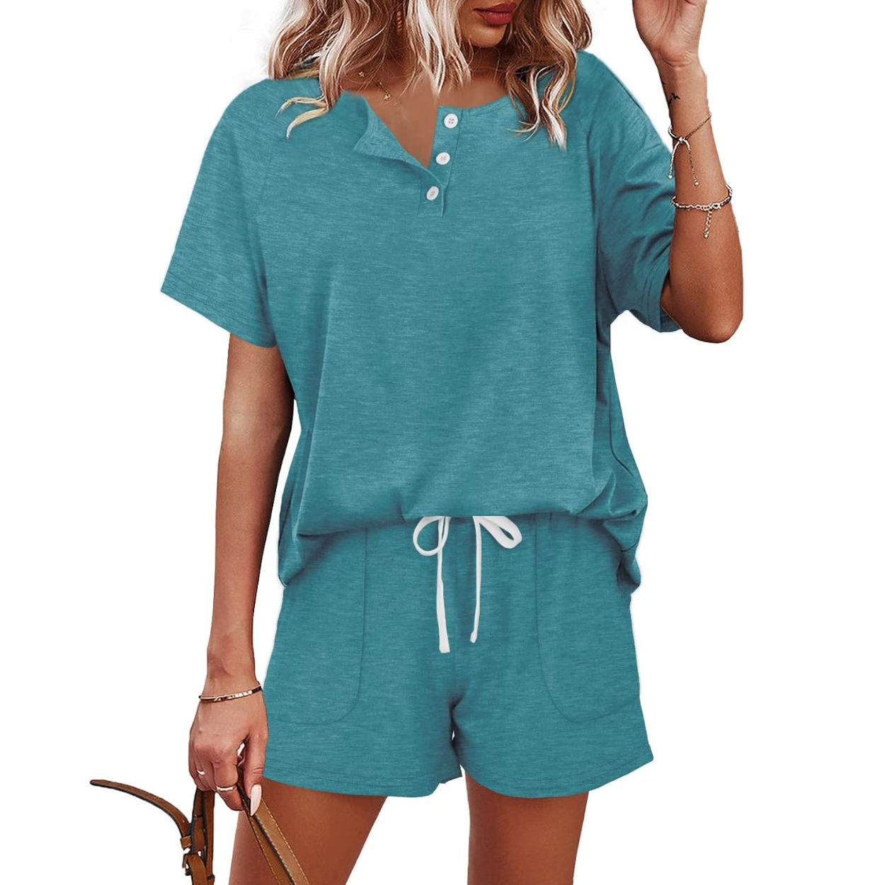 Two Piece Lounge Set with Button Down Top And Shorts