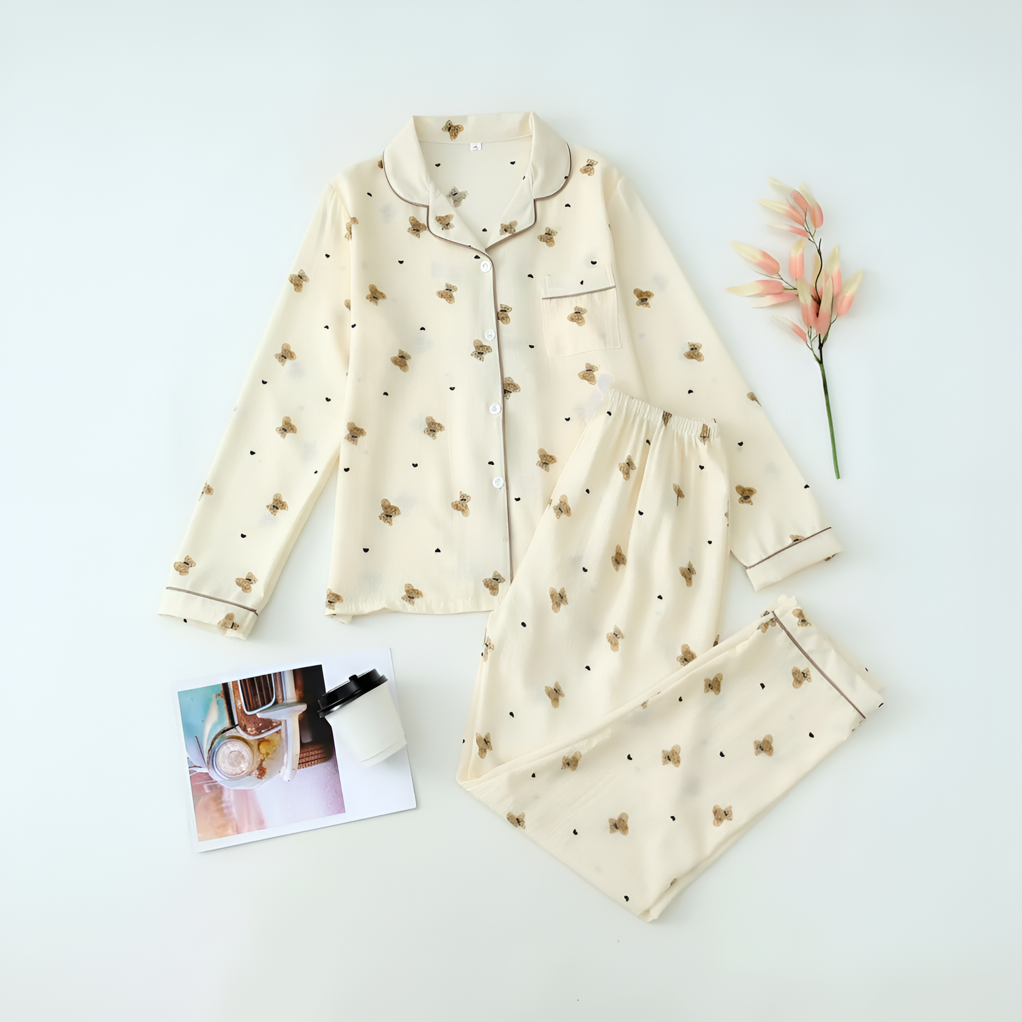 Printed Long Sleeve Pajama Set With Button Details For Women With Lapel Pocket