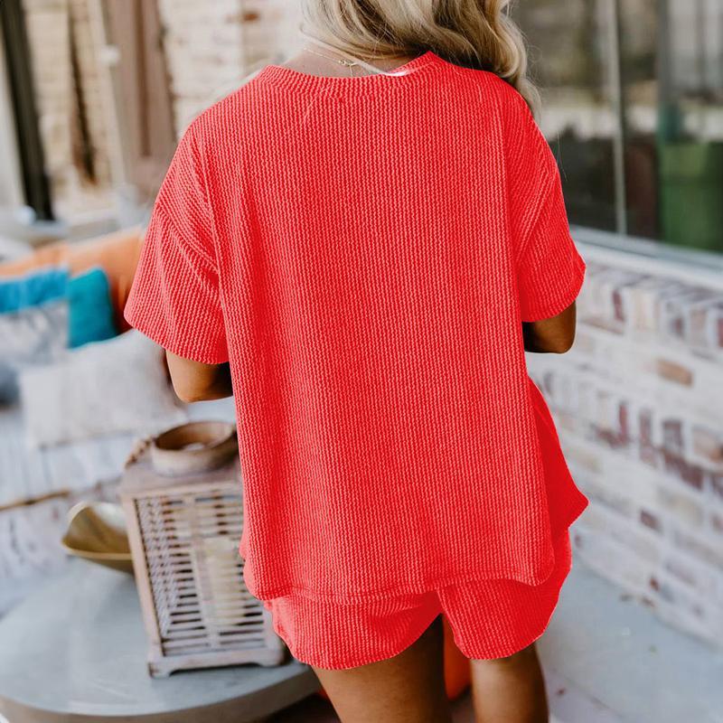 Women Ribbed Lounge Set Short Sleeve Top And Shorts Outfit