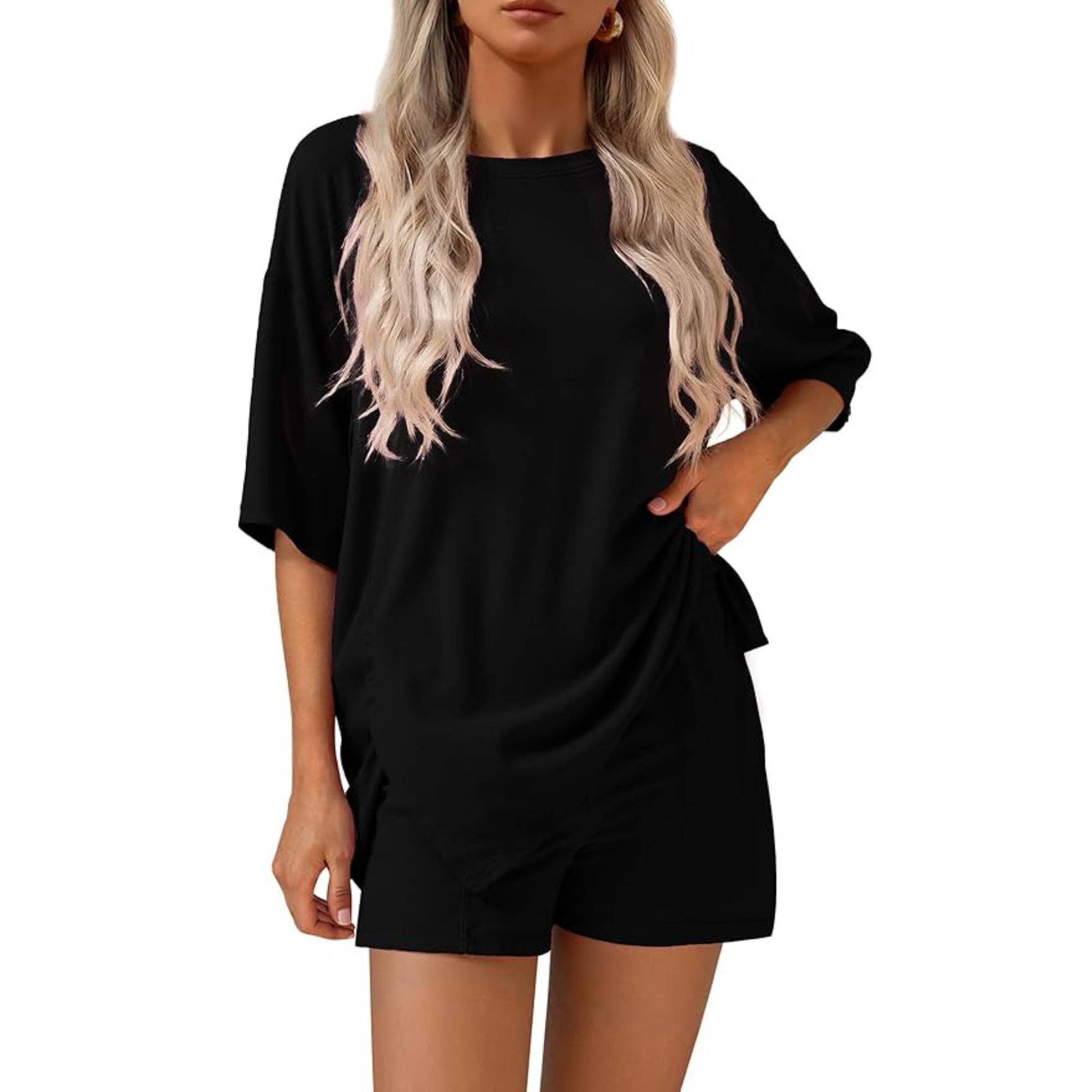 2 Piece Lounge Set With Oversized T Shirt And Shorts For Women