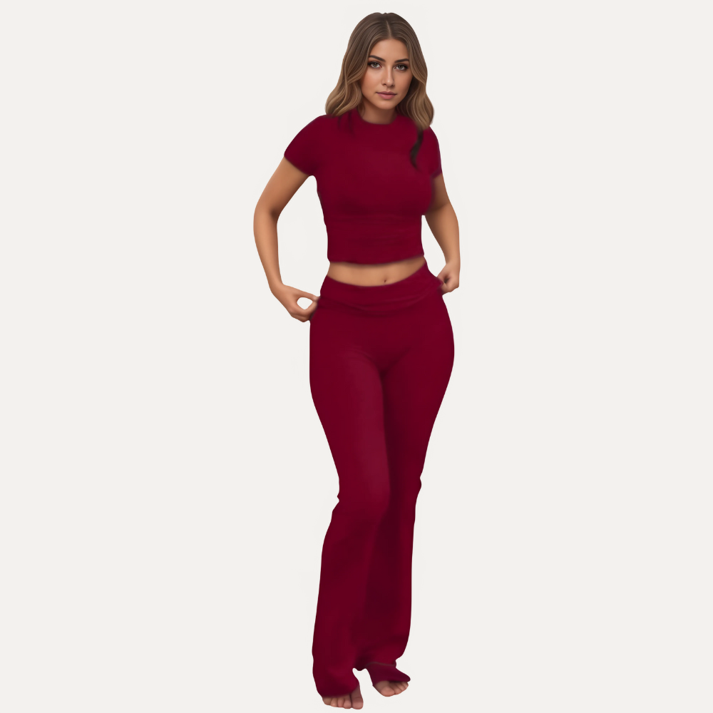 Women’s Two Piece Lounge Set with Crop Top and Flare Pants
