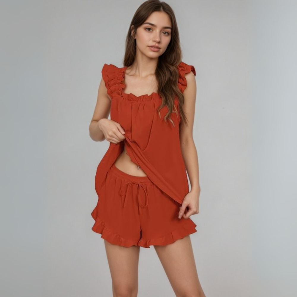 Women 2 Piece Pajama Set Ruffle Tank Top And Shorts