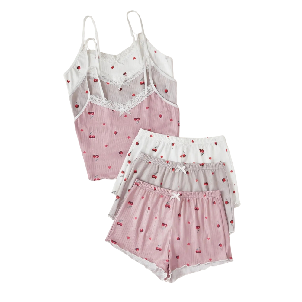 2 Piece Pajama Set With Sleeveless Cami Top And Trim Shorts For Women