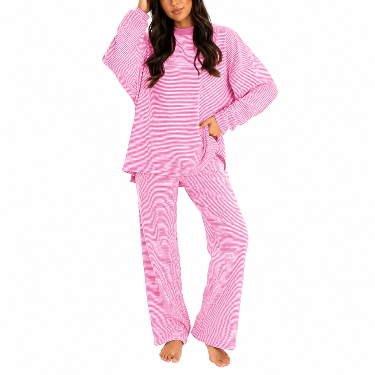 2 Pieces Wide Oversized Long Striped Cotton Loungewear For Women