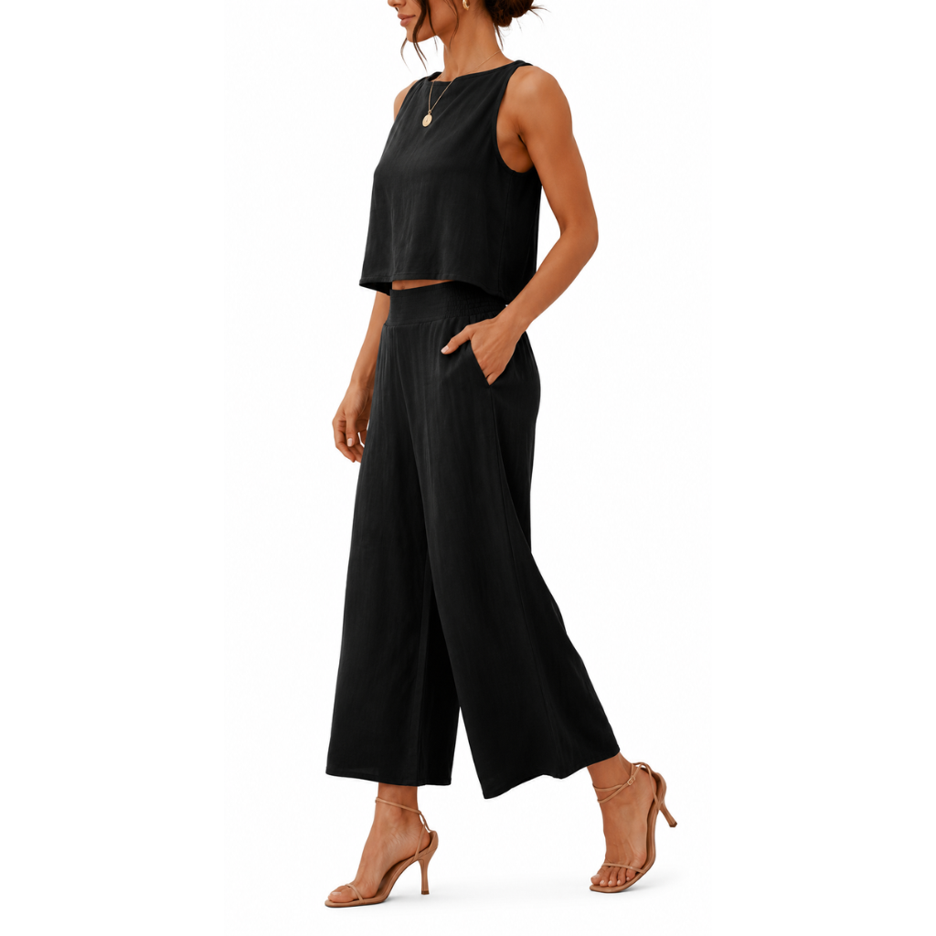 2 Piece Summer Wear Sleeveless Crop Capri Wide Pants Jumpsuit Outfit Set For Women