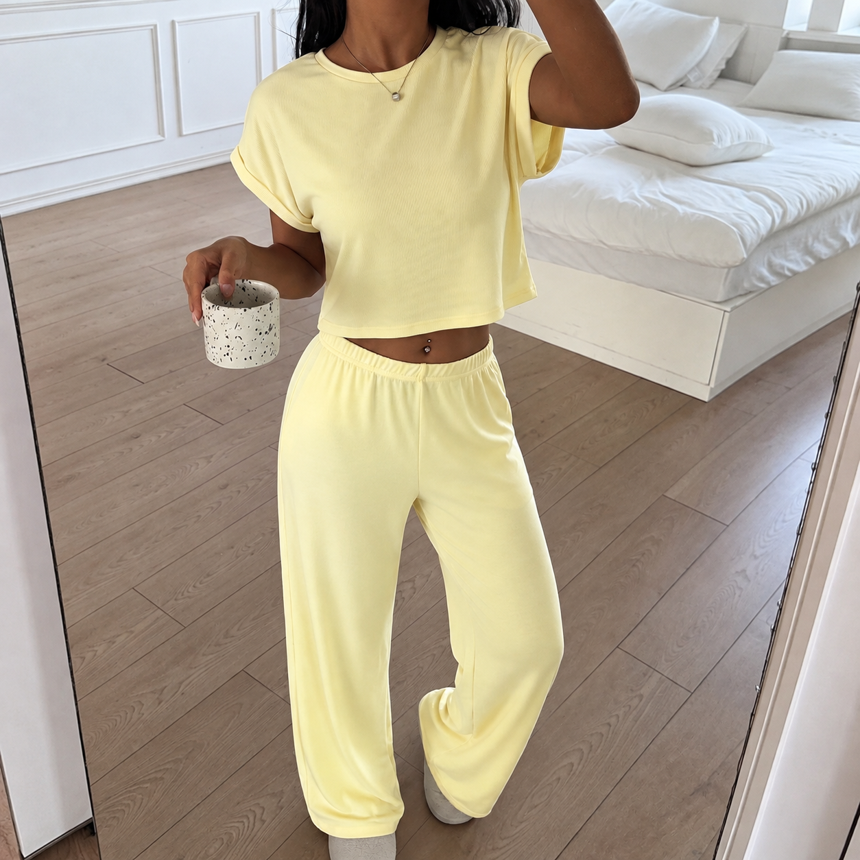 2 Pieces Knit Loungewear Top And Pants Set For Women