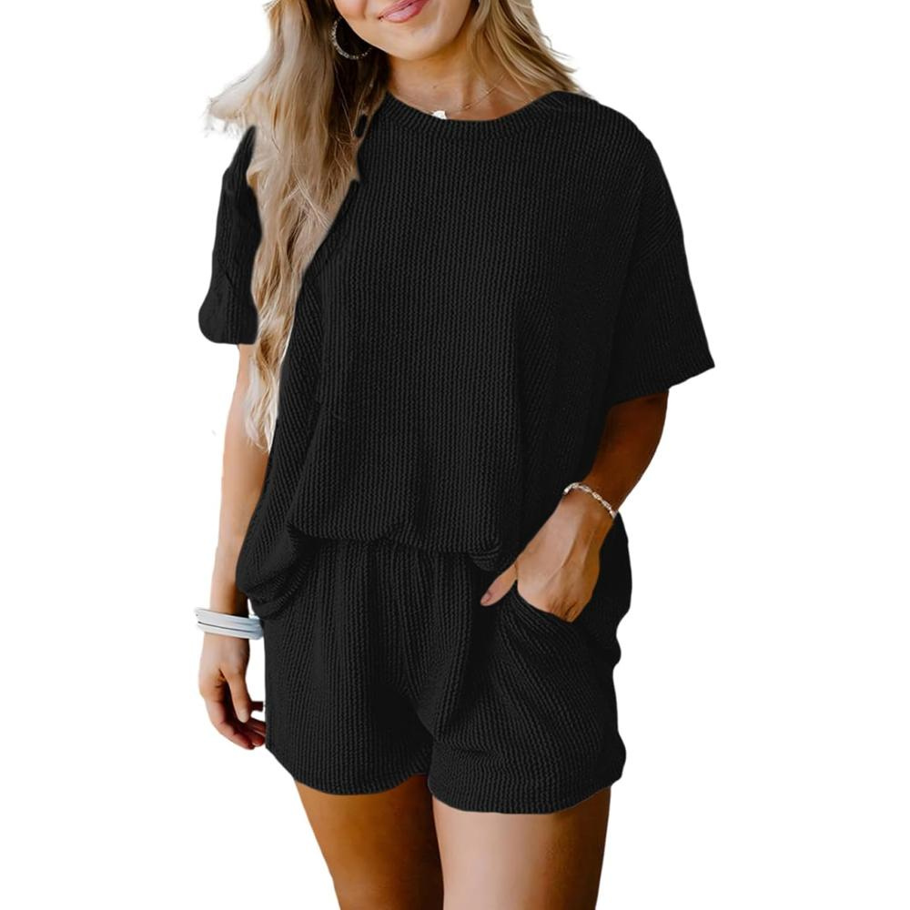 Ribbed Lounge Set Short Sleeve Top And Shorts with Pockets