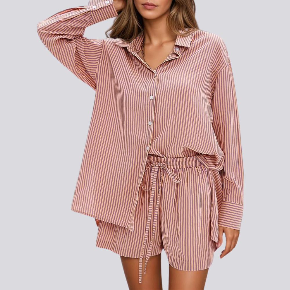 2 Piece Summer Matching Outfit With Long Sleeve Shirt And Shorts For Women