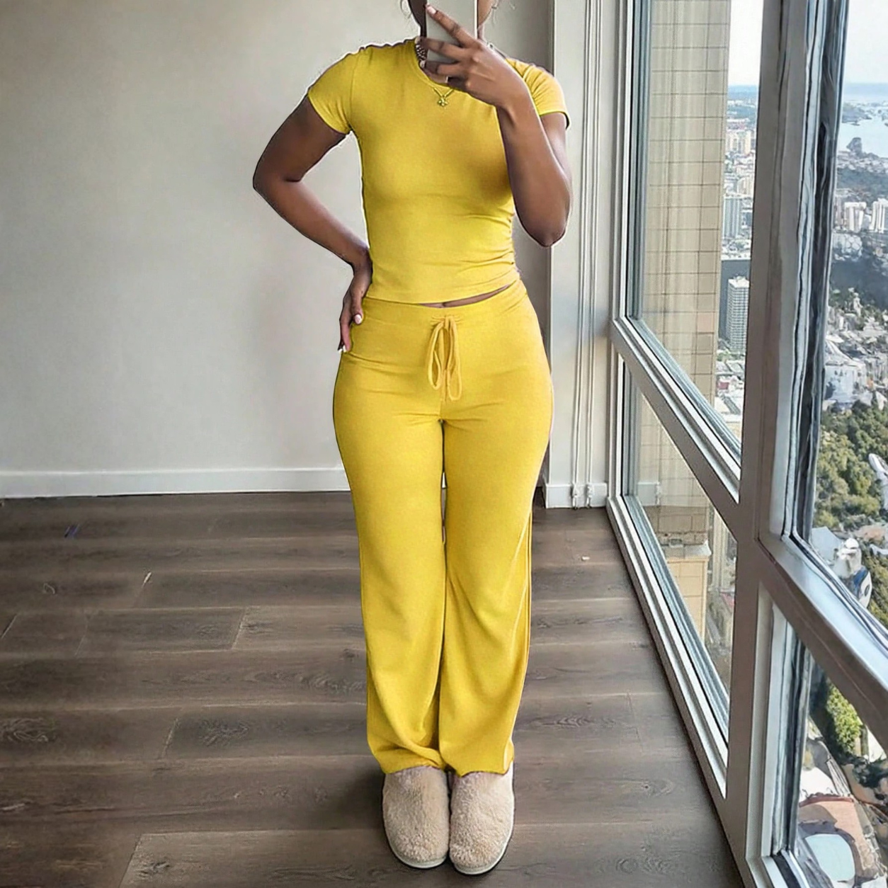 Fitted Short Sleeve T Shirt and Pants 2 Piece Casual Set for Women