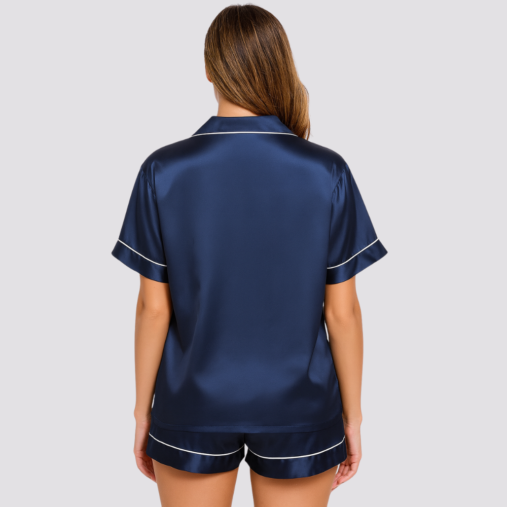 Womens Silk Satin Pajamas Short Sleeve Button Down Set