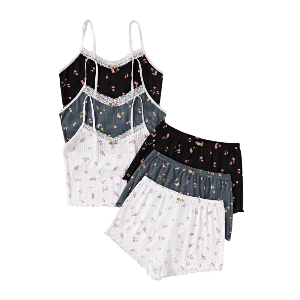 2 Piece Pajama Set With Sleeveless Cami Top And Trim Shorts For Women