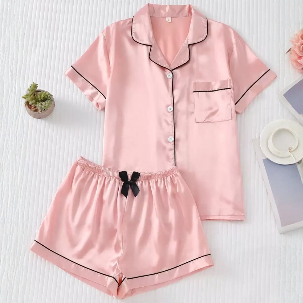 Two Pieces Bowknot Sleeve Lapel Top And Shorts Set For Women