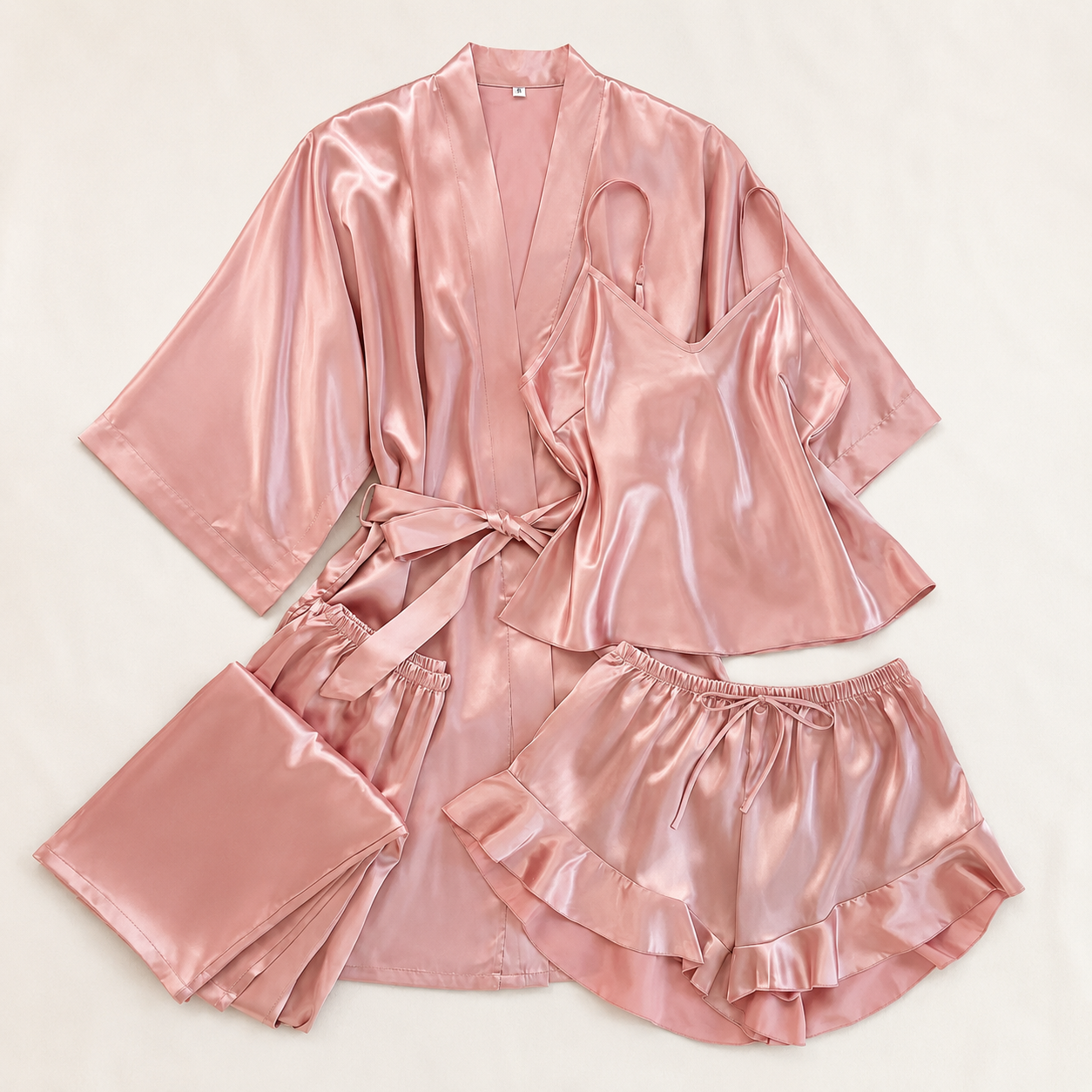 Four Piece V Style Sleepwear Set With Drawstring Shorts For Women