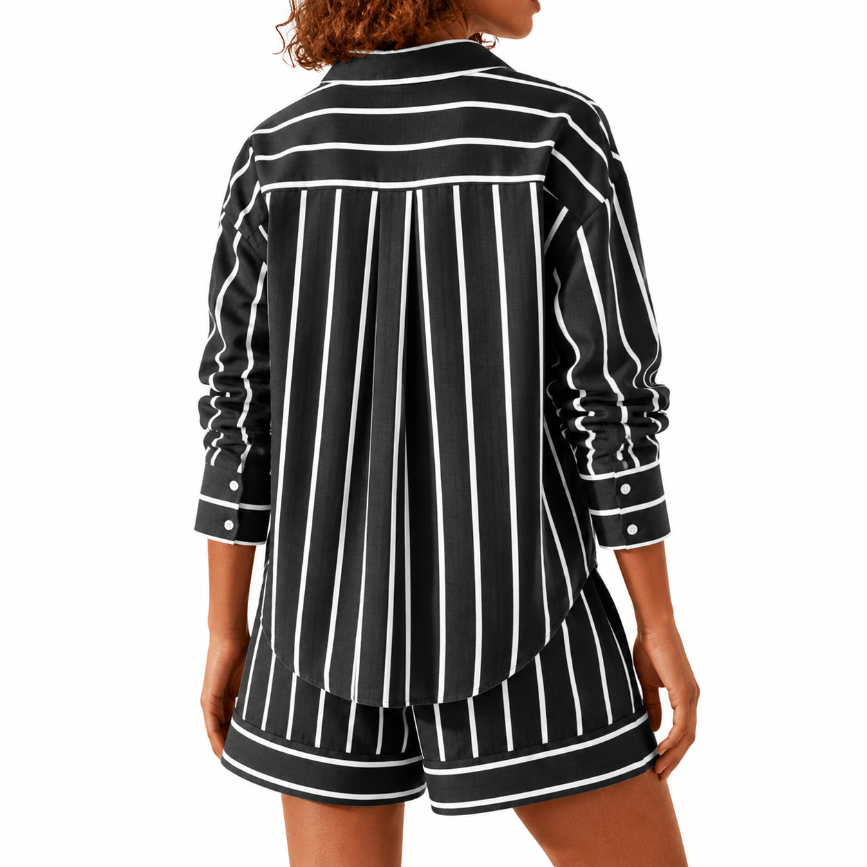 Striped Sleeve Down Collared Shirt Sets For Women