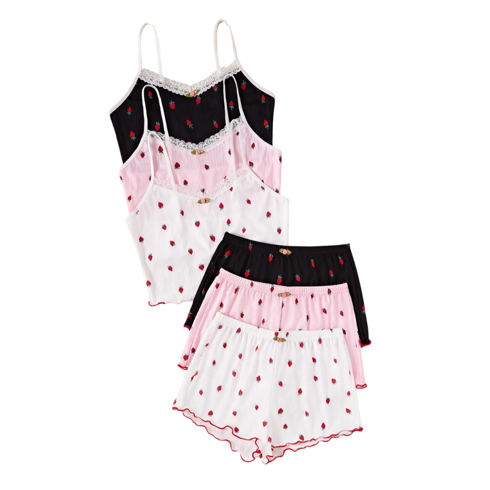 2 Piece Pajama Set With Sleeveless Cami Top And Trim Shorts For Women