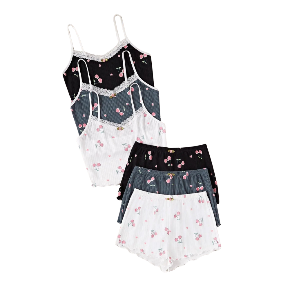 2 Piece Pajama Set With Sleeveless Cami Top And Trim Shorts For Women