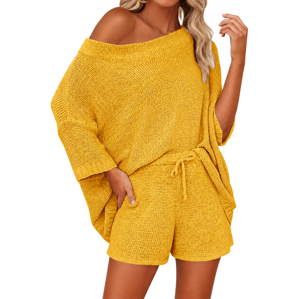 2 Piece Lounge Set With Oversized Top And Drawstring Shorts  For Women