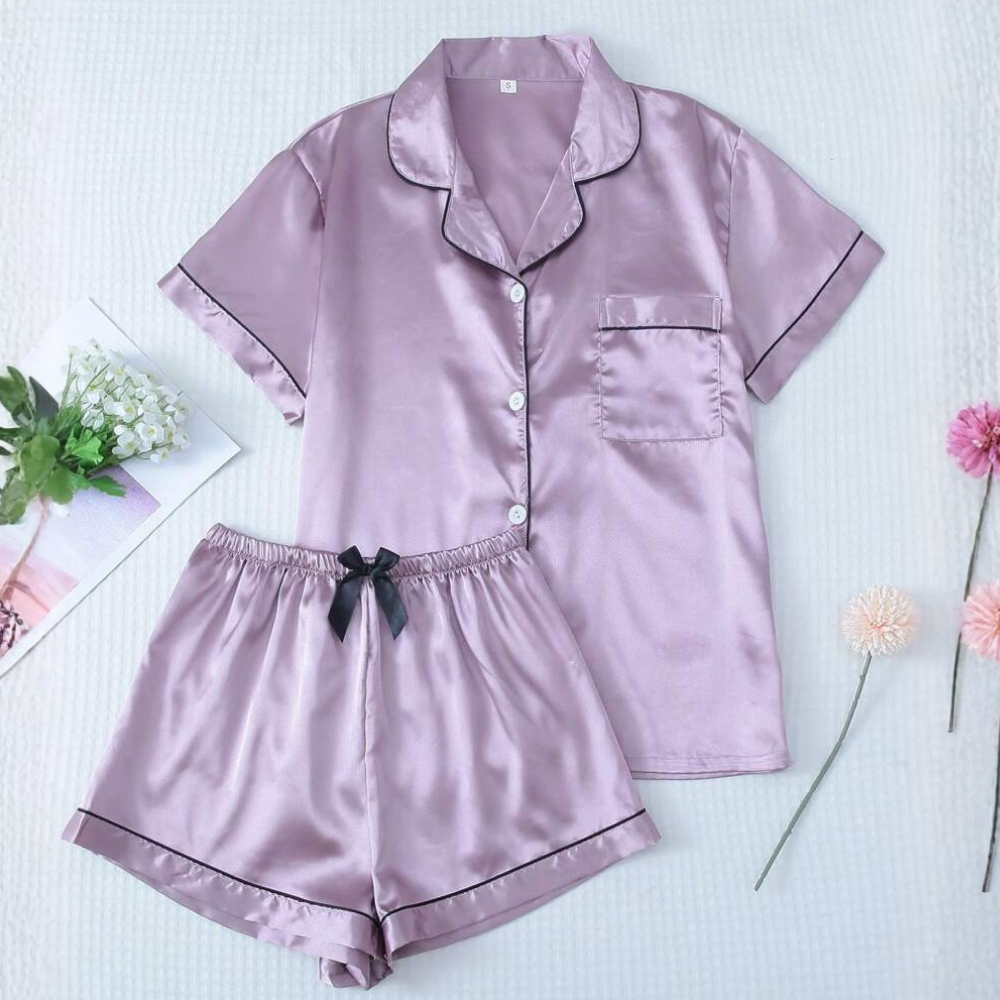 Two Pieces Bowknot Sleeve Lapel Top And Shorts Set For Women