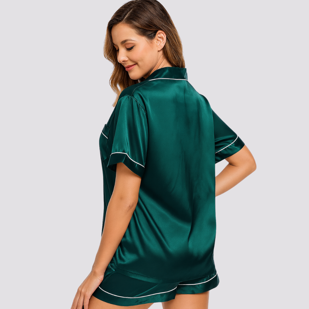 Womens Silk Satin Pajamas Short Sleeve Button Down Set
