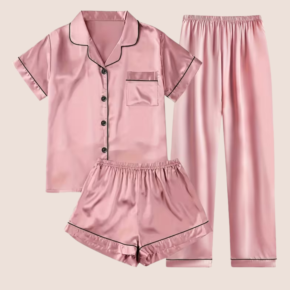 Casual Satin Set Front Pajama With Button For Women