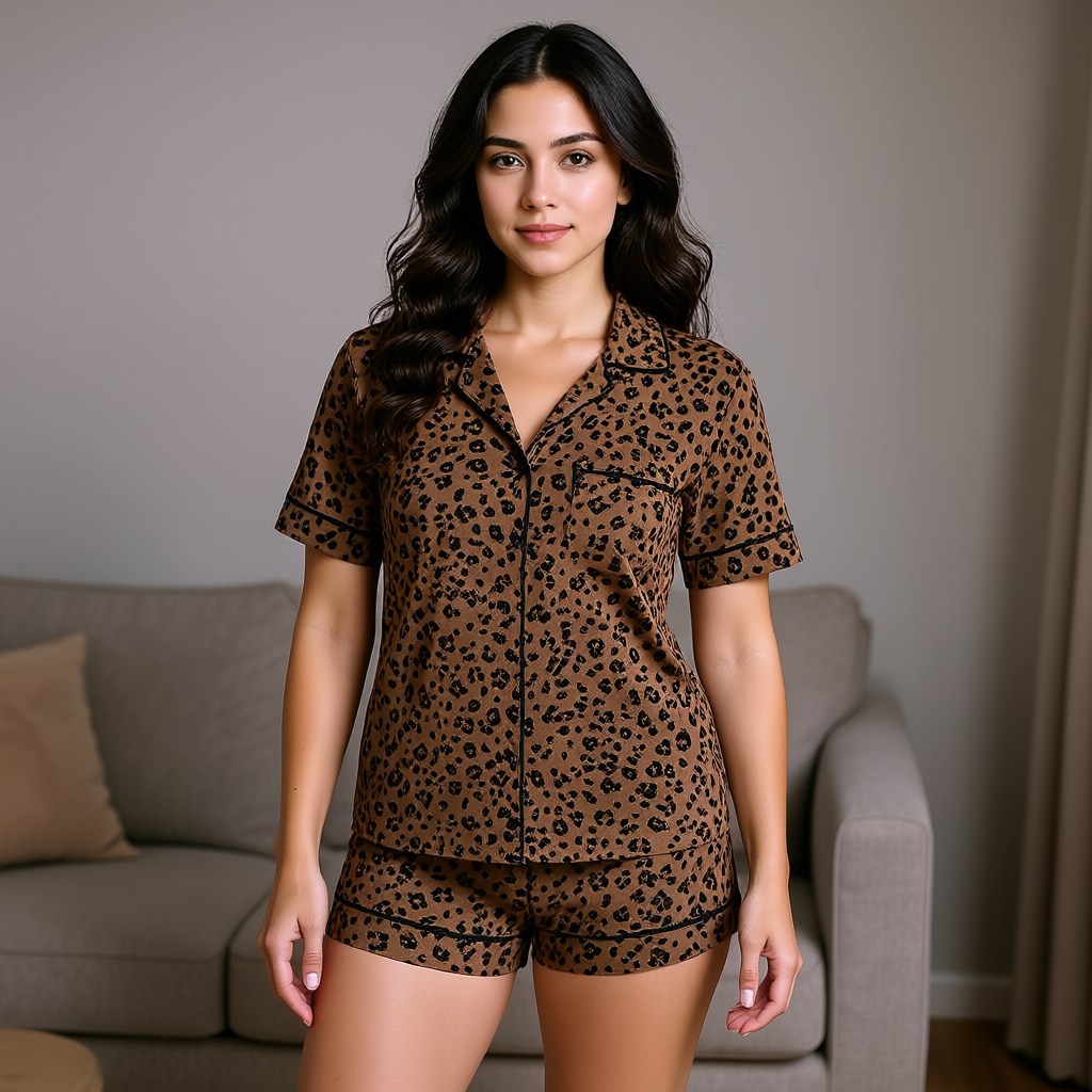 Women Cloud Knit Short Sleeve Notch Collar Shirt and Shorts Pajama Set 