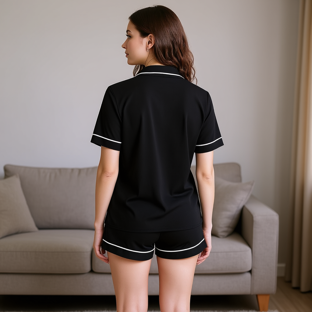 Women Cloud Knit Short Sleeve Notch Collar Shirt and Shorts Pajama Set 