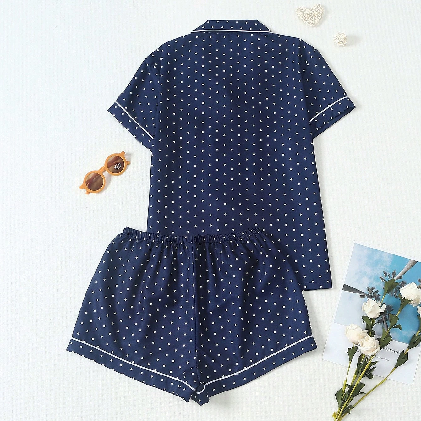 2 Piece Polka Dot Pajama Set With Contrast Trim For Women