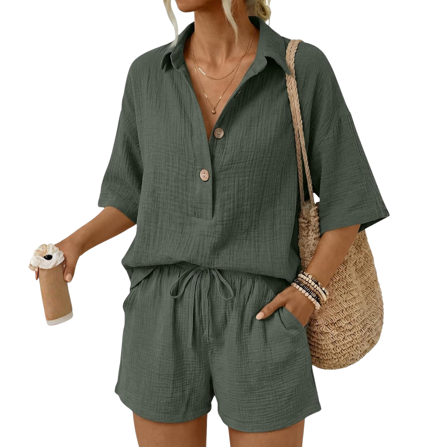 Linen Short Sleeve Summer Vacation Beach Short Sets For Women