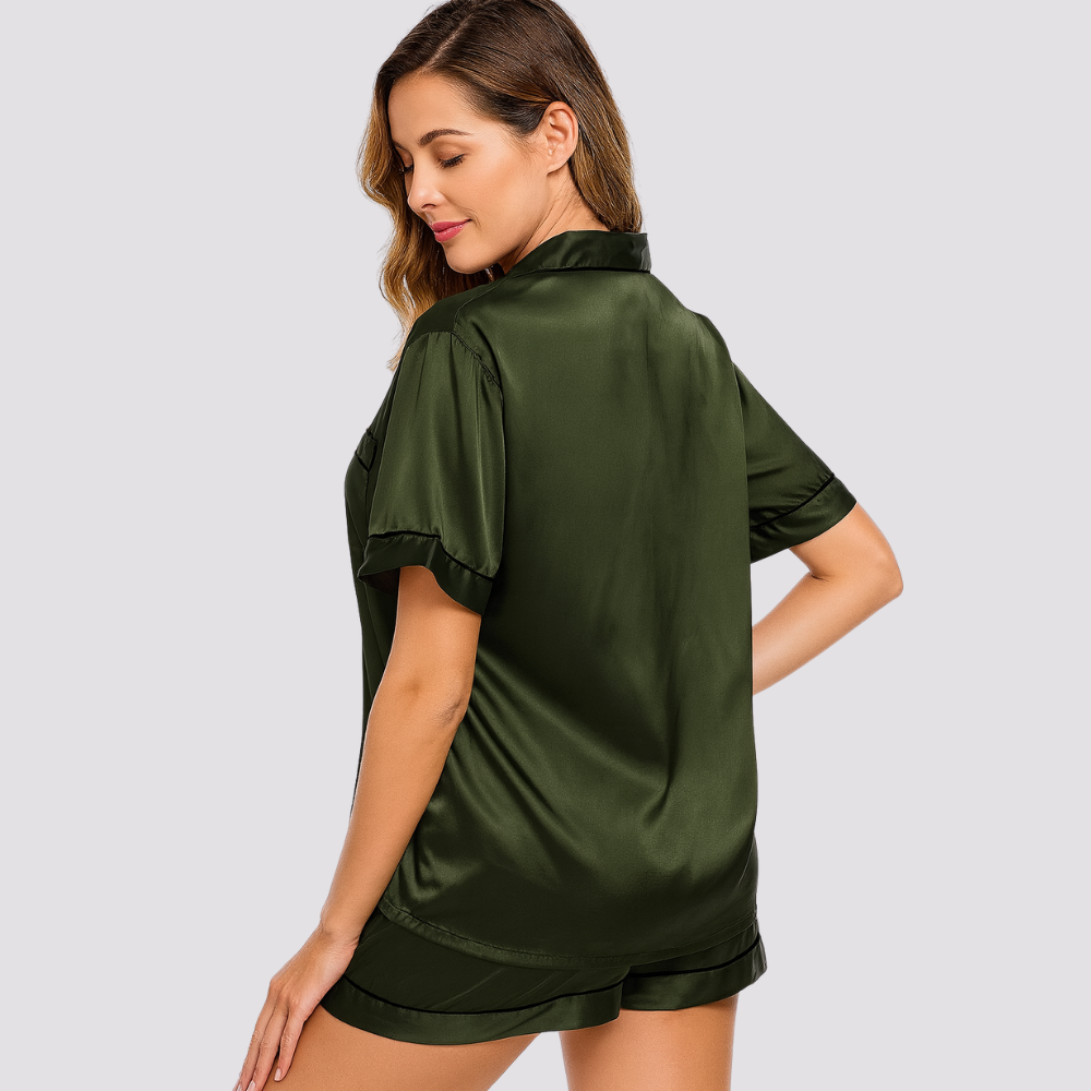 Womens Silk Satin Pajamas Short Sleeve Button Down Set