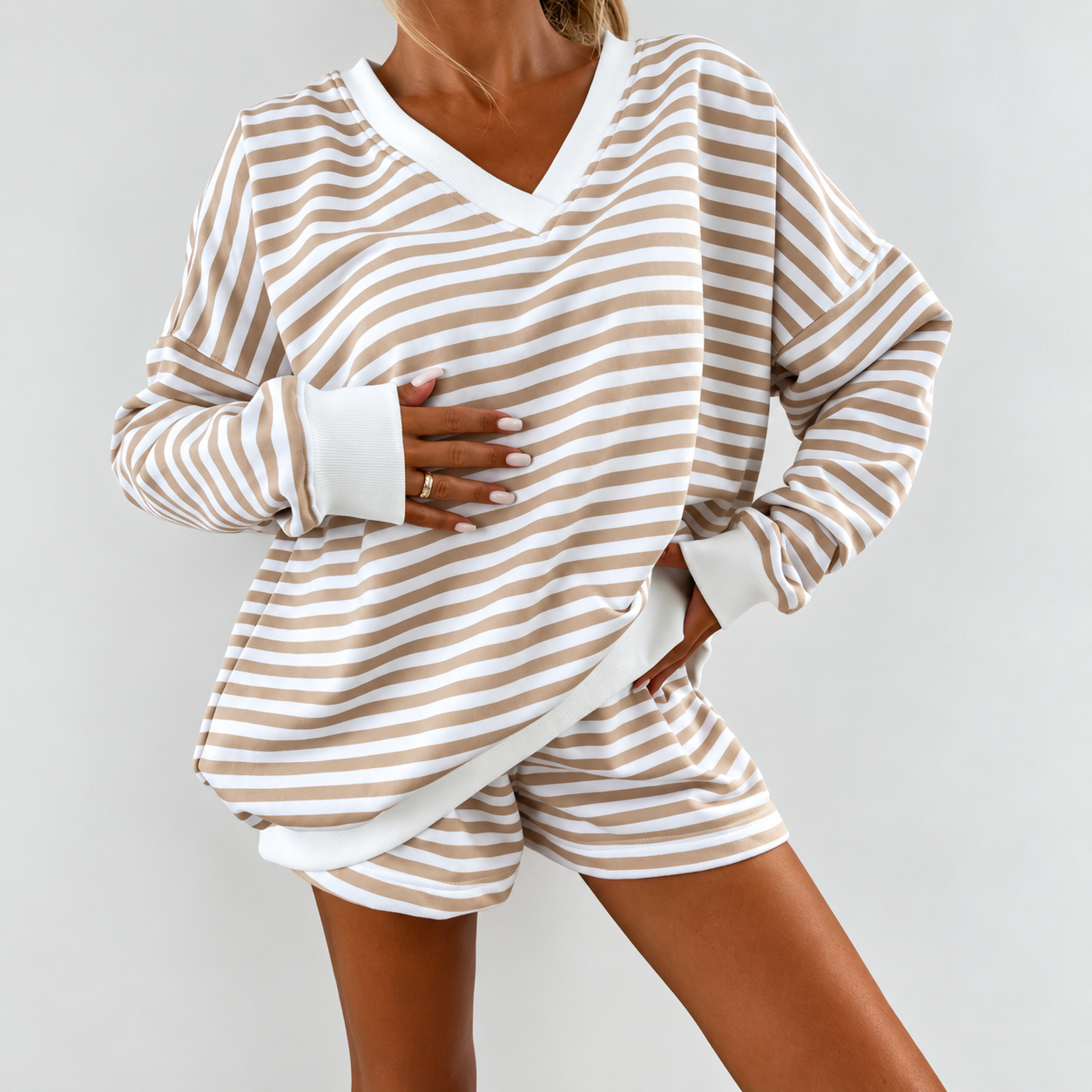 2 Pieces Striped Top And Shorts Sleepwear Set For Women