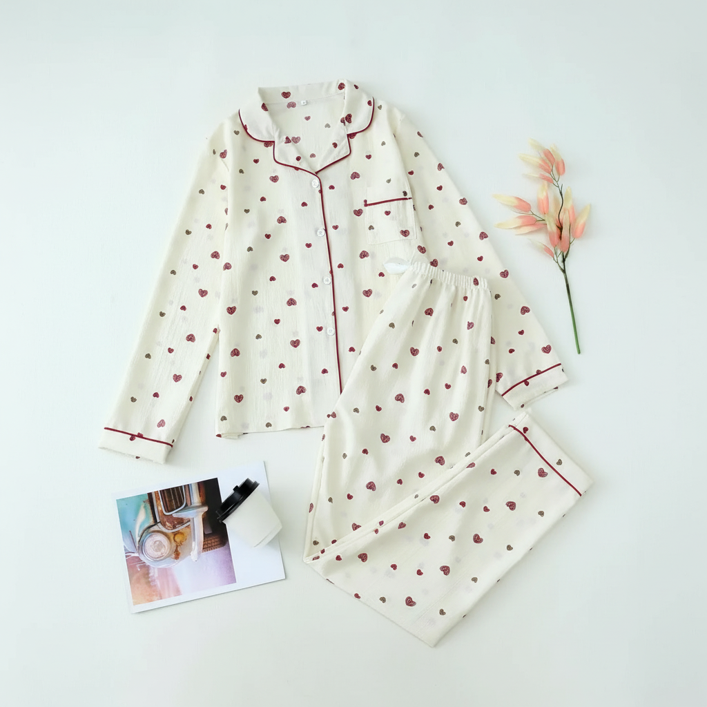 Printed Long Sleeve Pajama Set With Button Details For Women