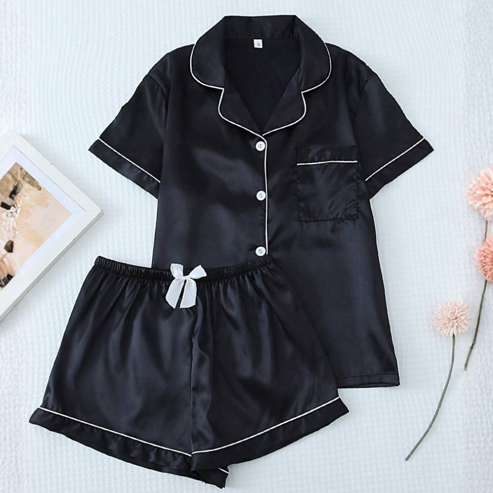 Two Pieces Bowknot Sleeve Lapel Top And Shorts Set For Women