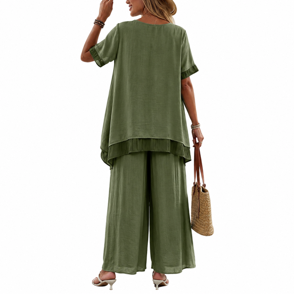 Elegant Flowy Palazzo Ruffle Two Pieces Outfit Set For Women